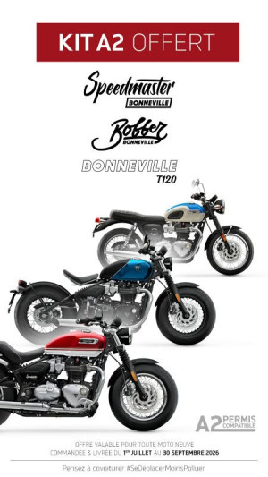 Bénéficiez du kit bridage A2 offert pour l'achat d'une Triumph Bonneville Speedmaster 1200, Bonneville T120 ou Bobber 1200 neuve modèle 2026 !