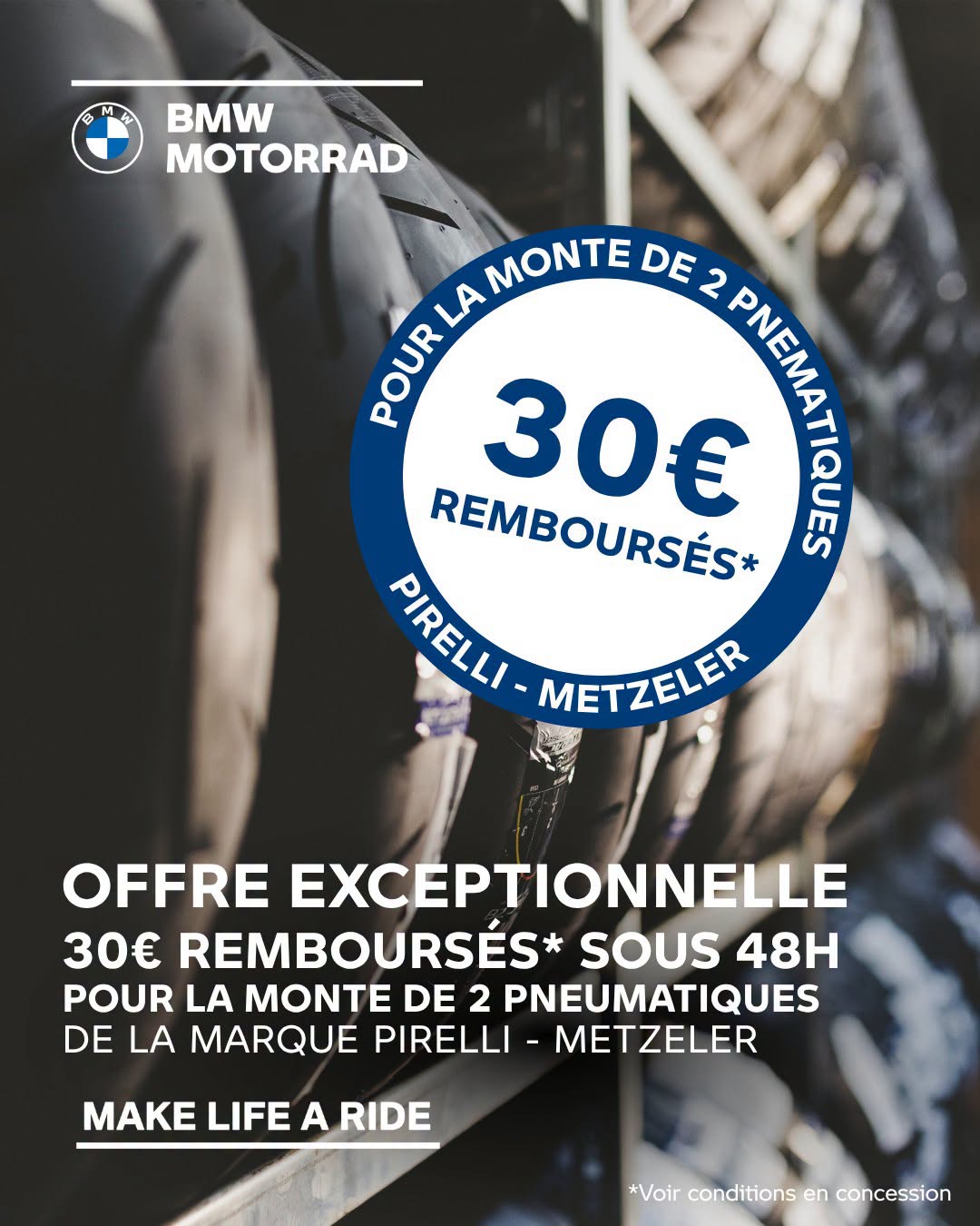 En ce moment, profitez de 30€ remboursés* pour la monte de 2 pneumatiques de la marque Pirelli - Metzeler !